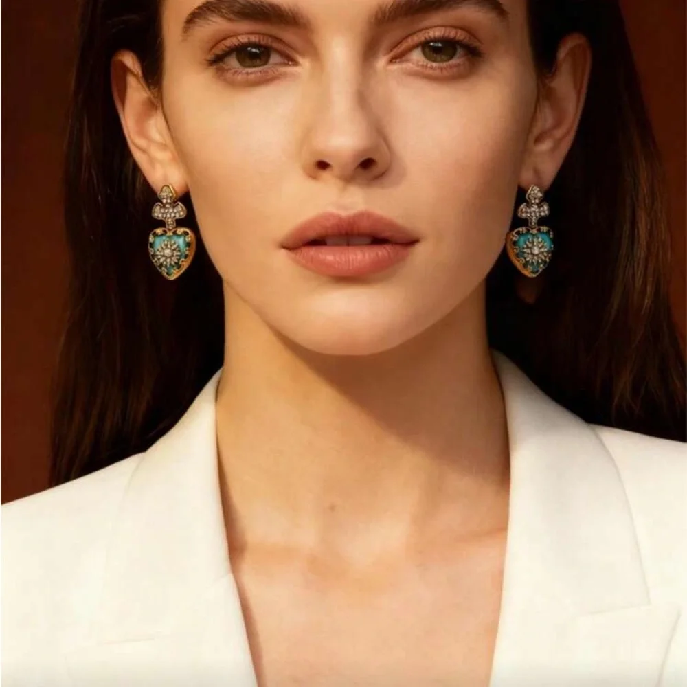 Beautiful vintage look Gold and Turquoise Heart Earrings